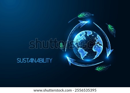 Sustainability concept featuring glowing globe, arrows, and green leaves on dark blue background. Environmental protection, renewable energy. Glowing low polygonal abstract vector illustration.