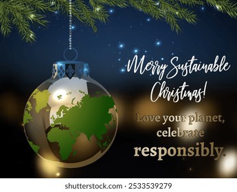 Sustainability concept with globe christmas ornament hanging on a fir-tree branches. Eco-friendly new year horizontal background. Alternative eco xmas landscape print, banner. Vector illustration