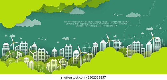 Sustainability. Concept green energy, Green building ecology friendly building, sustainable industry,  windmills energy. vector illustration green background.