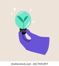 Sustainability concept. Hand holding power saving lamp. Colorful vector illustration 
