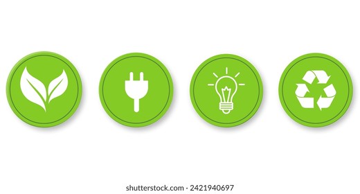 Colección de iconos de concepto de sostenibilidad. Icono de reciclaje, icono de energía renovable, ícono de verde