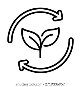 Icono de concepto de sostenibilidad, con flechas circulares con hoja. Simboliza el ciclo de sostenibilidad, los recursos renovables, la reutilización y la economía circular.