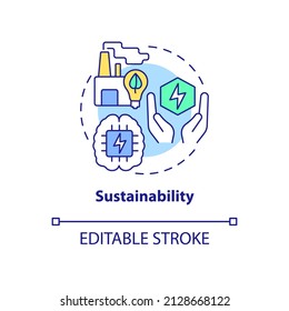 Icono de concepto de sostenibilidad. Las tecnologías inteligentes benefician a la ilustración abstracta de la línea delgada de la idea. Solución ecológica. Dibujo de contorno aislado. Trazo editable. Fuentes Arial, Myriad Pro-Bold utilizadas