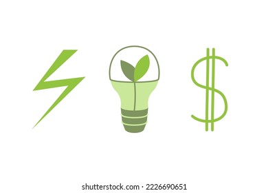 Sustainability concept icons. Light bulb and lightening symbols. Green energy. Flat vector illustration.