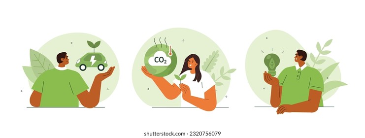 Sustainability concept illustration. Collections of men and women characters reducing CO2 emission by using green energy and electric car. Vector illustrations set