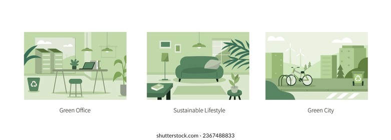 Sustainability concept illustration. Modern futuristic green city street, sustainable office and home interior. Vector illustrations set