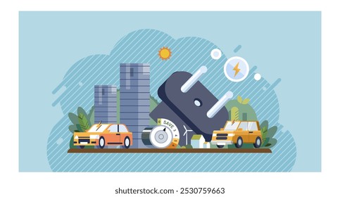 Sustainability concept. Main elements include cars, an electric plug, wind turbines, and high-rise buildings. Ideal for electric vehicles, renewable energy, urban development, green technology