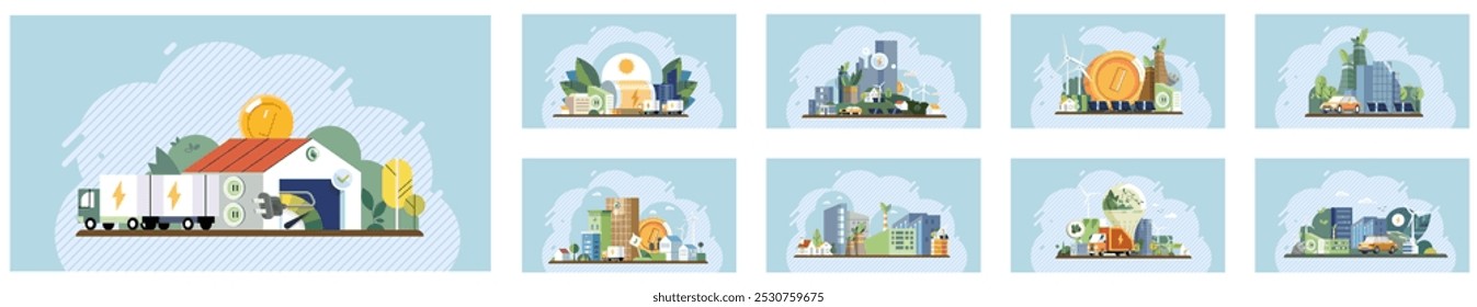 Sustainability concept. Main visuals include renewable energy sources, urban development, green technology installations, and eco-friendly practices. Ideal for green buildings, renewable energy