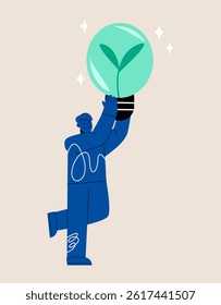 Sustainability concept. Man holding sustainable lightbulb. Colorful vector illustration 
