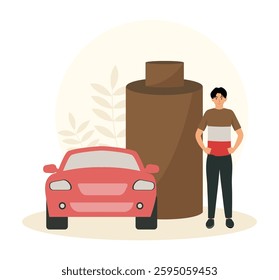 Sustainability concept. Man standing beside a red car and large brown batteries.  Flat vector modern illustration 