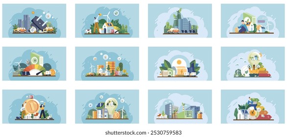 Sustainability concept. Multiple scenes of city life and nature integration showing green buildings, urban farming, renewable energy, eco-friendly transportation, and recycling. Ideal for urban