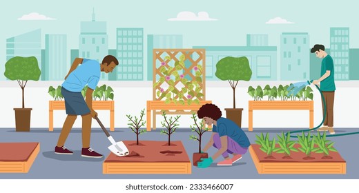 Sustainability concept, people planting young tree in community garden on rooftop, Vector