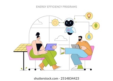 Conceito de sustentabilidade. Profissionais que colaboram em programas de eficiência energética com integração de IA e recursos renováveis. Ilustração vetorial.