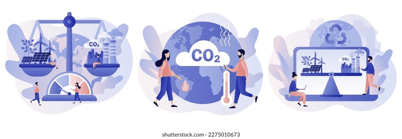 Sustainability concept. Reduce emission CO2. Net zero emissions and carbon dioxide neutral balance. Modern flat cartoon style. Vector illustration on white background