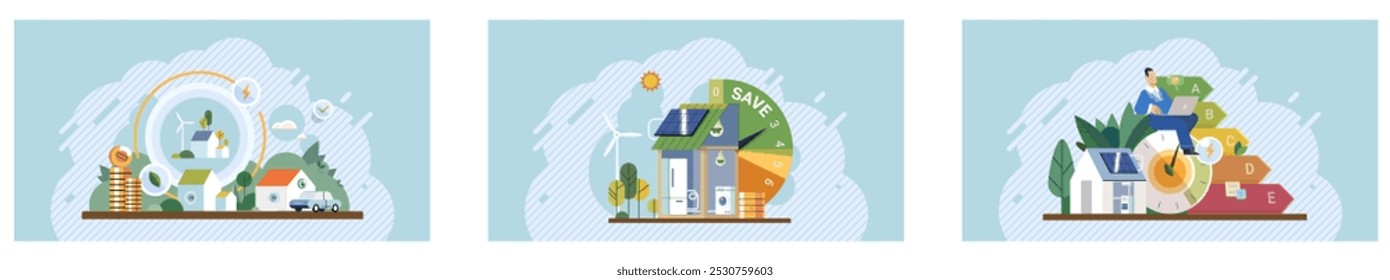 Sustainability concept. A series of images depicting eco-friendly living including renewable energy, sustainable architecture, and organic farming. Ideal for green energy, eco-friendly homes, organic
