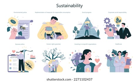 Sustainability concept set. Responsible consumption, environmental protection and social responsibility. Corporate ethics, human rights and healthcare development. Flat vector illustration