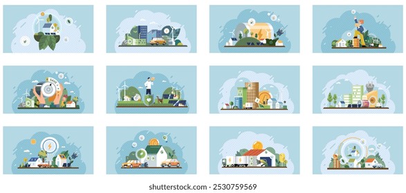Sustainability concept. Shows various scenes promoting eco-friendly initiatives, renewable energy, and green living. Ideal for environmental awareness, renewable resources, community gardens