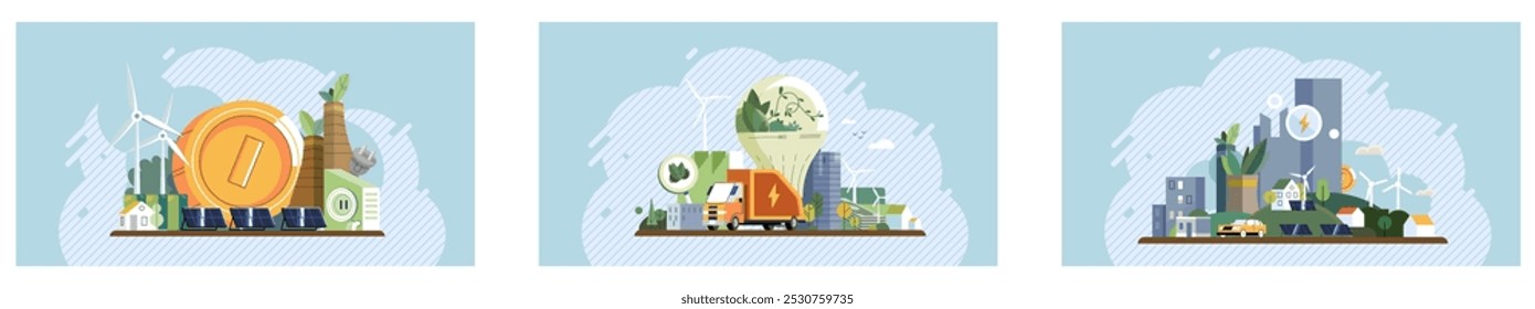 Sustainability concept. Three panels depict renewable energy, eco-friendly transportation, and sustainable urban development. Ideal for illustrating environmental conservation, green living, energy