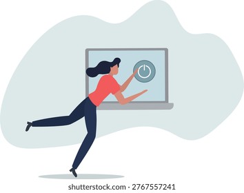 Sustainability concept.character reduce energy consumption at home.switch device to standby mode.person's life situation and his activities.