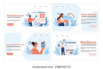Sustainability concepts set. Experts analyzing renewable energy, promoting urban farming, advancing sustainable development, and highlighting resilience. Data analytics and green initiatives