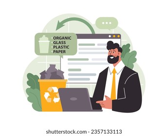 Sustainability. Conscious consumption. Character with eco-friendly life-style. Sustainable practice in the daily life. Garbage collecting, sorting and recycling. Flat vector illustration