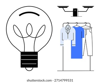 Sostenibilidad, creatividad, tecnología, ropa moderna, inspiración, innovación. Una bombilla junto a un perchero con prendas de vestir. Sostenibilidad y creatividad en los conceptos de moda y tecnología