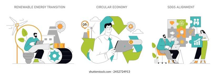 Sostenibilidad y RSE Ilustración Energías renovables, procesos circulares e integración de los ODS en las empresas Soluciones respetuosas con el medio ambiente y compromisos empresariales Ilustración vectorial