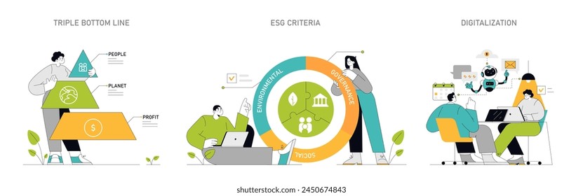 Sustainability and CSR set Balancing profit with social and environmental aspects ESG criteria assessment, digital advancements in sustainability Vector illustration