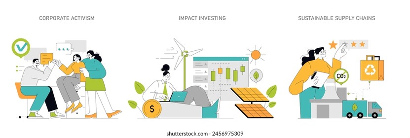 Sustainability and CSR set Corporate activism, ethical investment, and greener supply chains Promoting environmental care in business operations Vector illustration