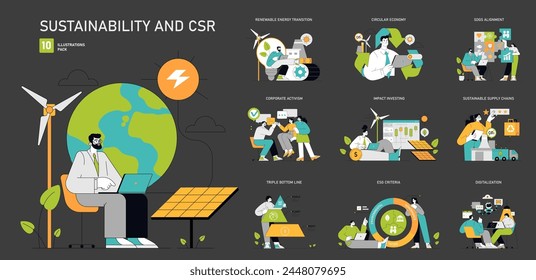 Sustainability and CSR set Eco-conscious business practices and renewable energy initiatives Corporate social responsibility and green strategies Vector illustration