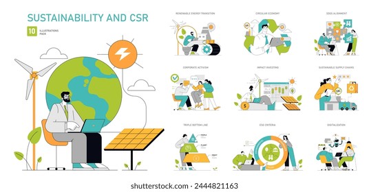 Sustainability and CSR set Ethical business strategies for eco-friendly growth Clean energy, circular economy, and corporate responsibility themes Vector illustration