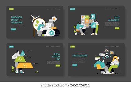 Sostenibilidad y RSE fijadas La transición a las energías renovables, la integración estratégica de los ODS, el impacto empresarial holístico y la Ilustración vectorial de prácticas ecológicas impulsadas por la tecnología