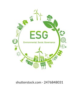 Sustainability development, ESG, green energy, sustainable industry, ecological production concept banner. Environmental, Social, Corporate Governance, Vector illustration