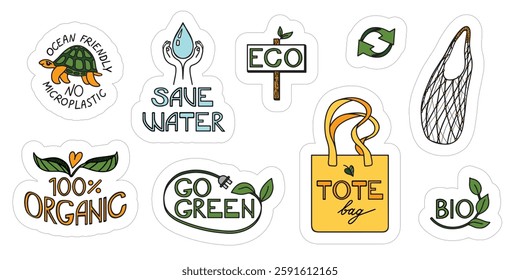 Sustainability Eco Sticker Set. Save Water sign, reusable bags, Organic products sign and Turtle as ecological symbol. Vector elements on isolated background.