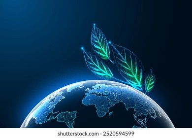 Sustainability, eco-consciousness, climate action, global environmental conservation concept with green leaves and planet Earth on dark blue background. Glowing low polygonal vector illustration.