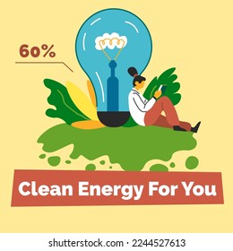 Sustainability and ecology awareness, clean energy for you. Renewable sources of electricity. Woman reading book by big light bulb, natural ways of accumulation. Vector in flat style illustration