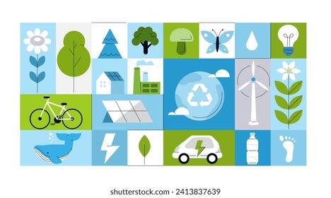 Modelación de mosaico geométrico para el cuidado de la sostenibilidad y la ecología. Energía limpia, industria verde, concepto de recursos renovables. Ilustración del vector 