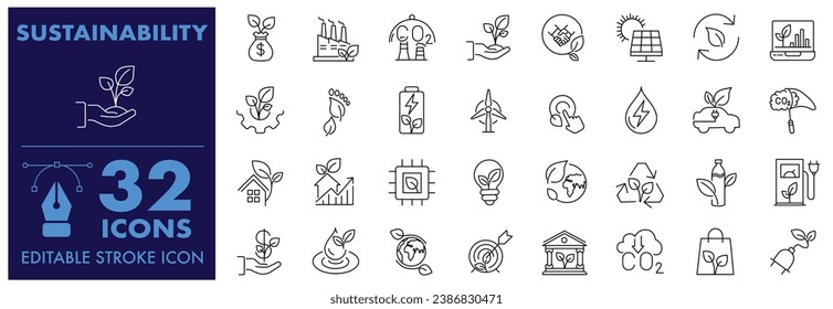 Sustainability Editable Stroke Icon, ecology, environment, CO2, renewable, Hydroelectric Power Station, Solar Panels, Windmill, leaf, Carbon Capture, Battery, Water. Governess, Growth, Technology.