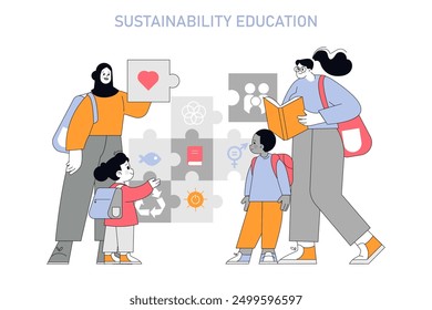 Sustainability education concept. Teachers and students engage with environmental themes through interactive puzzles and books. Vector illustration.