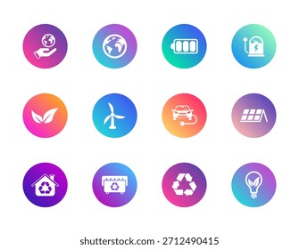 Sustainability, energy, eco. Vector set of 12 round gradient icons featuring electric cars, solar panels, recycling, and green tech for environmental, renewable, and eco-friendly design.