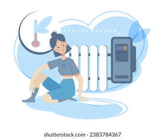 Sustainability and energy efficiency. Smiling girl sitting next to radiator and monitoring central heating meters to reduce electricity consumption and utility bills. Cartoon flat vector illustration