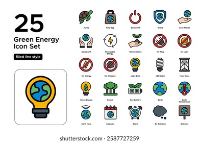 Sustainability and Energy Saving. Earth Hour Concept Icons. Reduce Carbon Footprint, Eco Living, and Power Conservation. Vector Illustration. FIlled line icon set