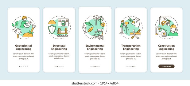 Sustainability in engineering onboarding mobile app page screen with concepts. Environmental protection walkthrough 5 steps graphic instructions. UI vector template with RGB color illustrations