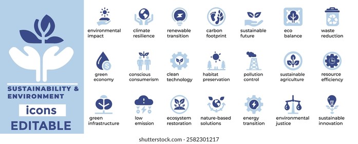 Sustainability and Environment editable vector icons: renewable energy, eco friendly, green living, conservation, and recycling