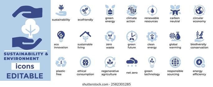 Sustainability and Environment editable vector icons: renewable energy, eco friendly, green living, conservation, and recycling