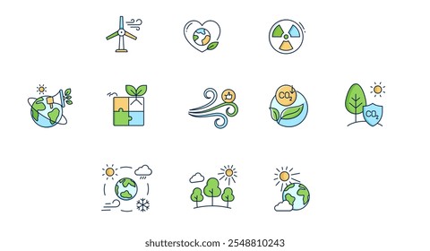 Conjunto de Ícones de Sustentabilidade e Consciência Ambiental. Ícones vetoriais com traçado e cores editáveis.