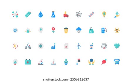 Sustainability, environmental protection with zero waste, green energy, renewable and eco friendly technology color icon set. Sustainable industry development flat elements vector illustration