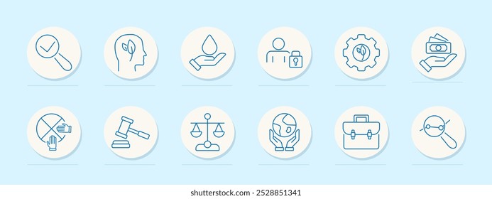 Sustainability and environmental responsibility set icon. Checkmark, mental health, water conservation, data protection, eco-friendly practices, justice, law, global responsibility, finance, balance