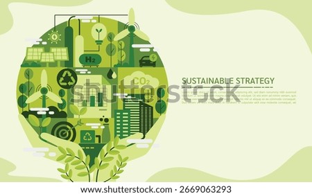 Sustainability environmental strategy and reporting concept. Business planning to reduce CO2 emissions and invest in green with climate policy. Eco friendly, green technology isolated vector design.