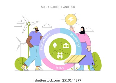 Sustainability and ESG concept. Individuals advocate for renewable energy and corporate responsibility. Environmental, social, governance integration. Vector illustration.